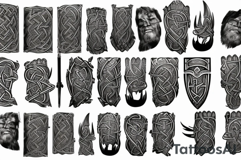 Stave Church urnes Archaic Viking style carving of Jörmungandr fighting 
made into an arm sleeve tattoo idea