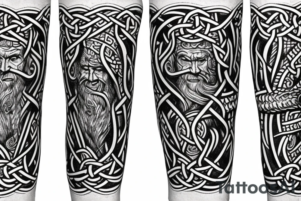 Stave Church urnes Archaic Viking style carving of Jörmungandr fighting 
made into an arm sleeve tattoo idea