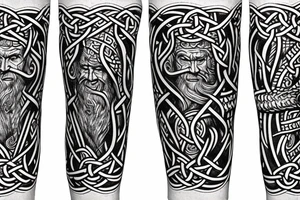 Stave Church urnes Archaic Viking style carving of Jörmungandr fighting 
made into an arm sleeve tattoo idea