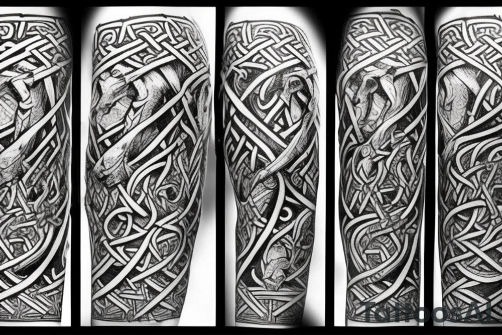 Stave Church urnes Archaic Viking style carving of Jörmungandr fighting 
made into an arm sleeve tattoo idea