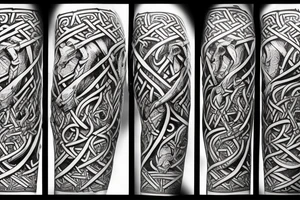 Stave Church urnes Archaic Viking style carving of Jörmungandr fighting 
made into an arm sleeve tattoo idea