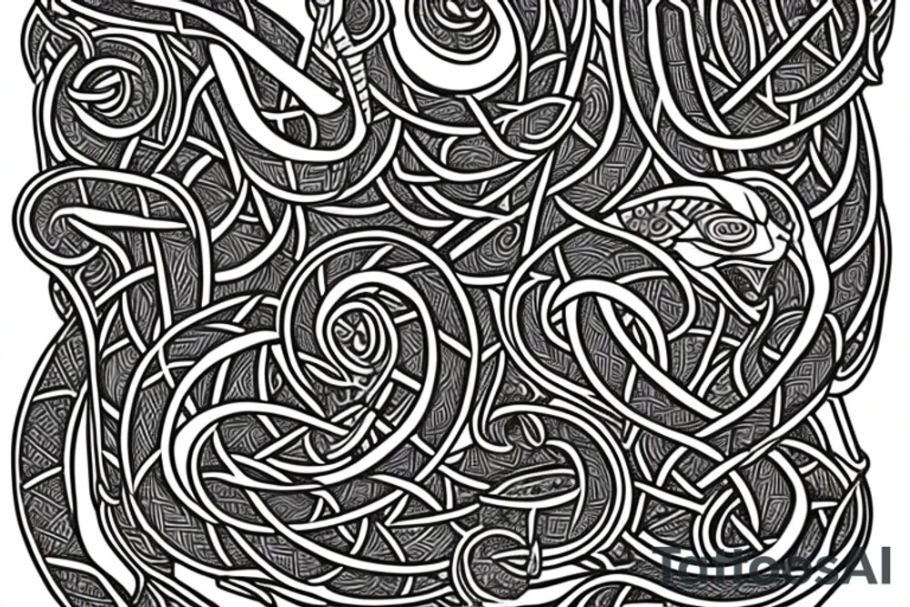 Stave Church urnes Archaic Viking style carving of serpent made into an arm sleeve tattoo idea