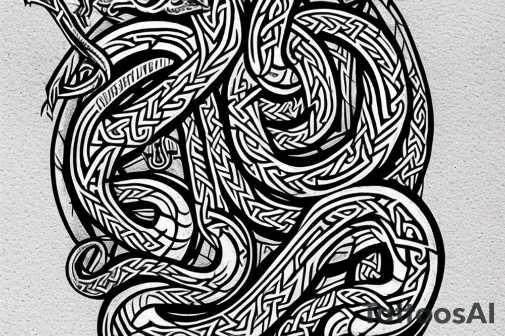 Stave Church urnes Archaic Viking style carving of serpent made into an arm sleeve tattoo idea