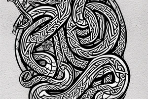Stave Church urnes Archaic Viking style carving of serpent made into an arm sleeve tattoo idea