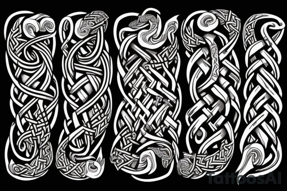 Stave Church urnes Archaic Viking style carving of serpent made into an arm sleeve tattoo idea