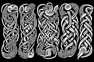 Stave Church urnes Archaic Viking style carving of serpent made into an arm sleeve tattoo idea