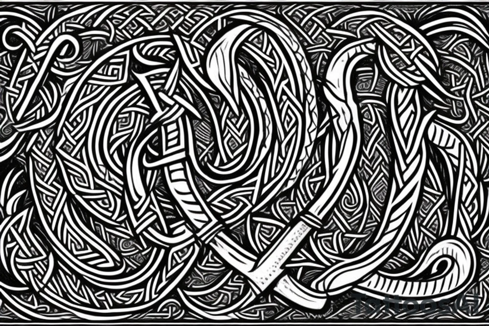 Stave Church urnes Archaic Viking style carving of serpent made into an arm sleeve tattoo idea