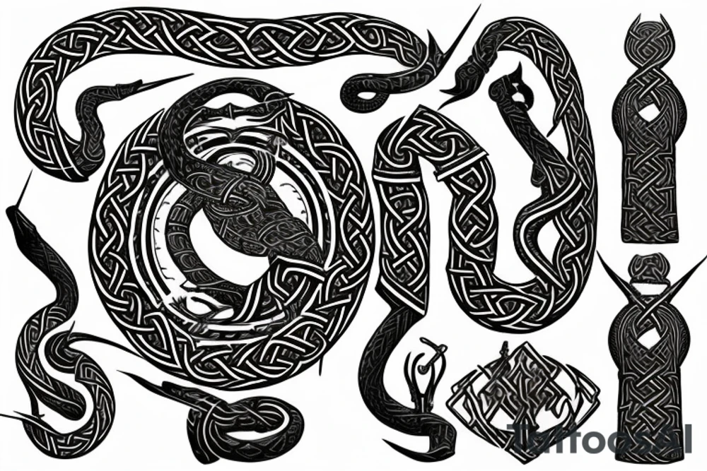 Stave Church urnes Archaic Viking style carving of serpent made into an arm sleeve tattoo idea