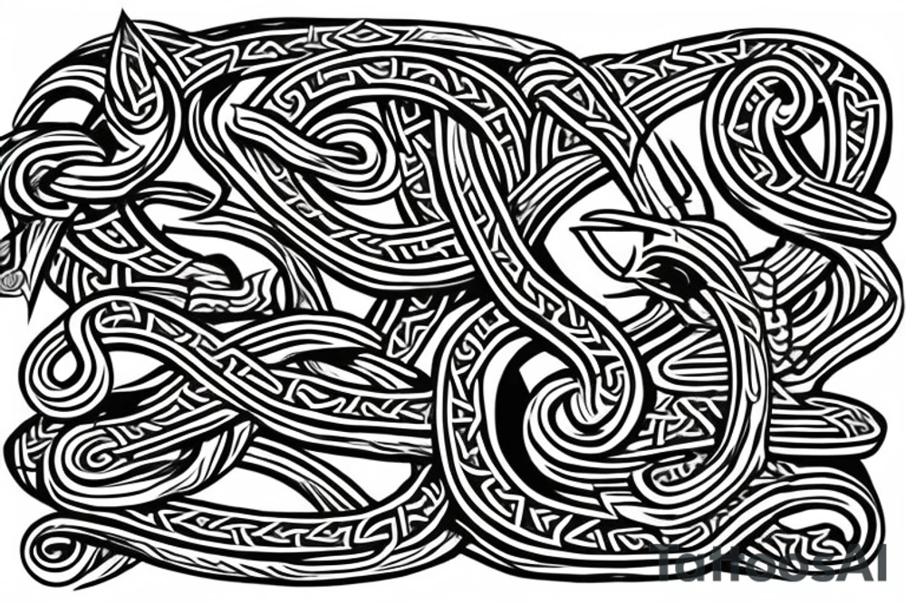 Stave Church urnes Archaic Viking style carving of serpent made into an arm sleeve tattoo idea