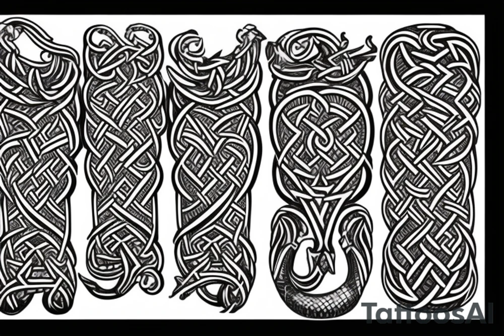 Stave Church urnes Archaic Viking style carving of serpent made into an arm sleeve tattoo idea