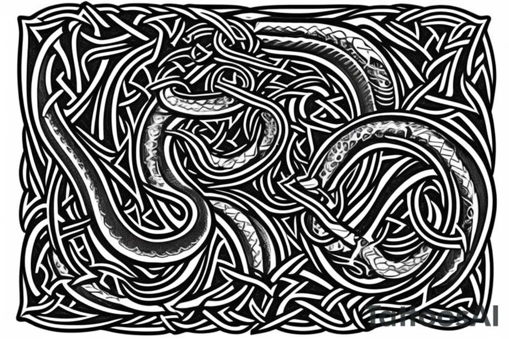 Stave Church urnes Archaic Viking style carving of serpent made into an arm sleeve tattoo idea