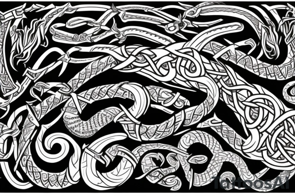 Stave Church urnes Archaic Viking style carving of serpent made into an arm sleeve tattoo idea