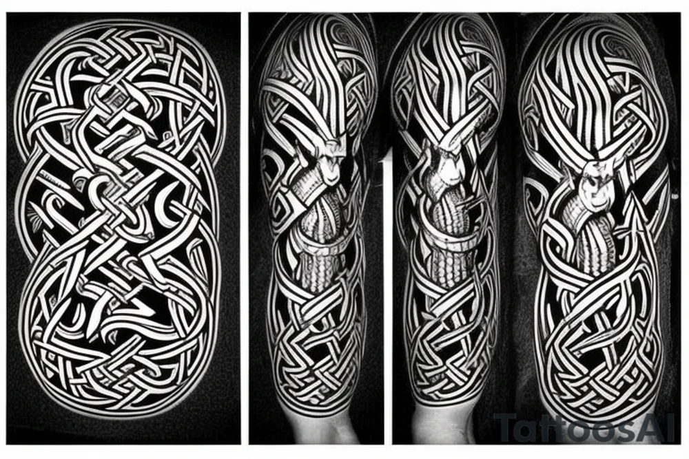 Stave Church urnes Archaic Viking style carving of serpent made into an arm sleeve tattoo idea