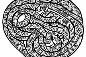 Stave Church urnes Archaic Viking style carving of serpent made into an arm sleeve tattoo idea