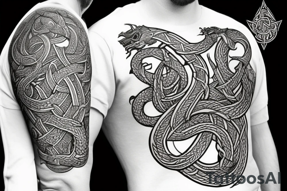 Stave Church in Urnes Archaic Viking style carving of sea serpent jormungandr made into an arm sleeve tattoo idea