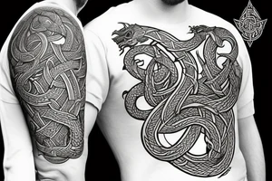 Stave Church in Urnes Archaic Viking style carving of sea serpent jormungandr made into an arm sleeve tattoo idea