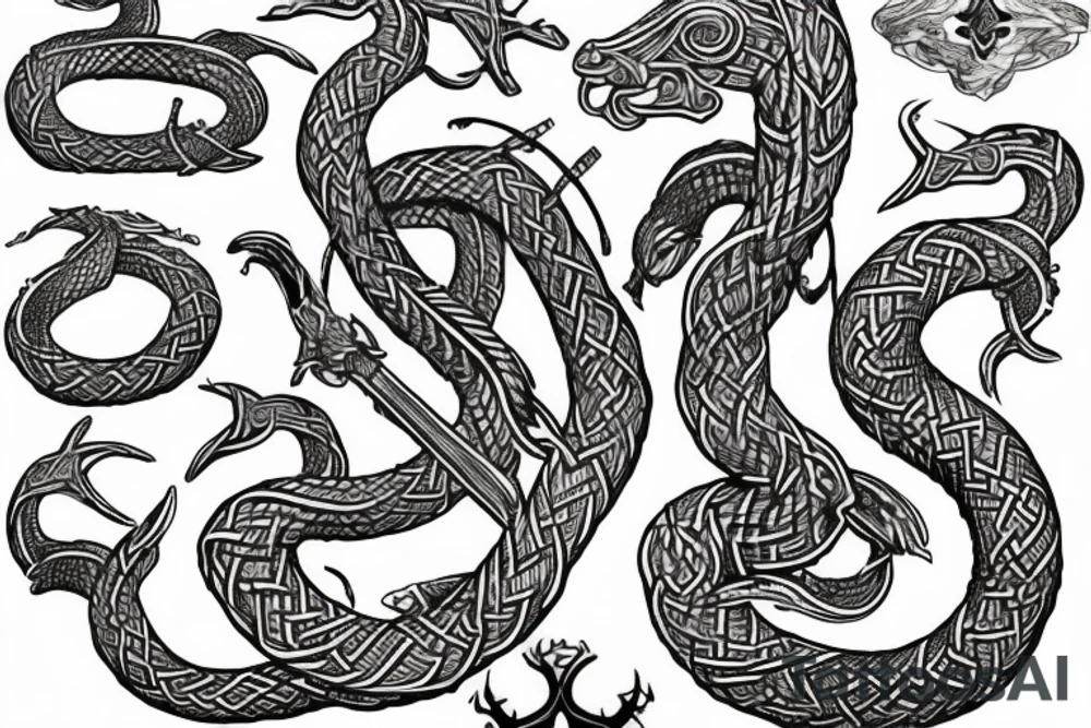 Stave Church in Urnes Archaic Viking style carving of sea serpent jormungandr made into an arm sleeve tattoo idea