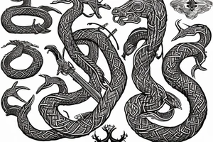 Stave Church in Urnes Archaic Viking style carving of sea serpent jormungandr made into an arm sleeve tattoo idea