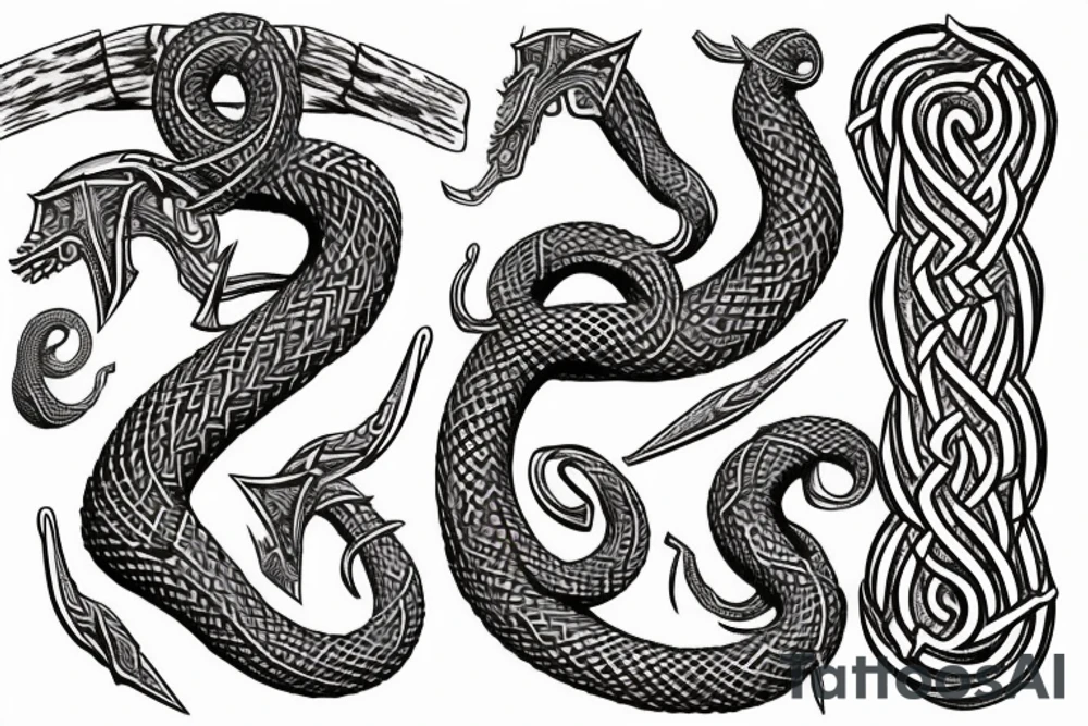 Stave Church in Urnes Archaic Viking style carving of sea serpent jormungandr made into an arm sleeve tattoo idea