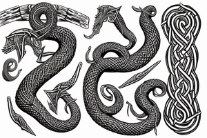 Stave Church in Urnes Archaic Viking style carving of sea serpent jormungandr made into an arm sleeve tattoo idea