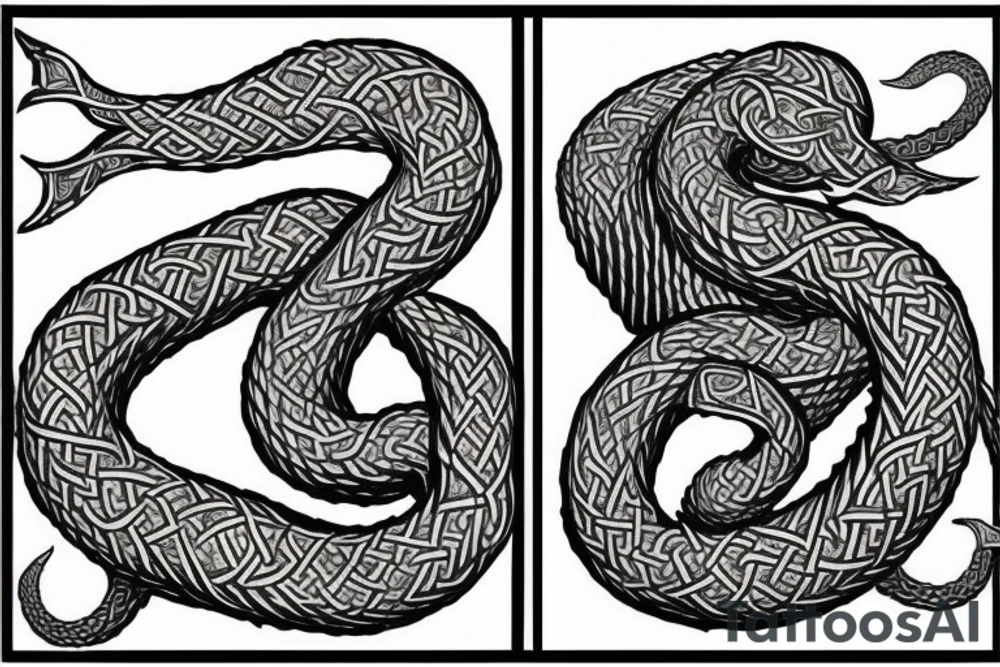 Stave Church in Urnes Archaic Viking style carving of sea serpent jormungandr made into an arm sleeve tattoo idea