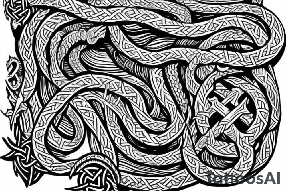 Stave Church in Urnes Archaic Viking style carving of sea serpent jormungandr made into an arm sleeve tattoo idea