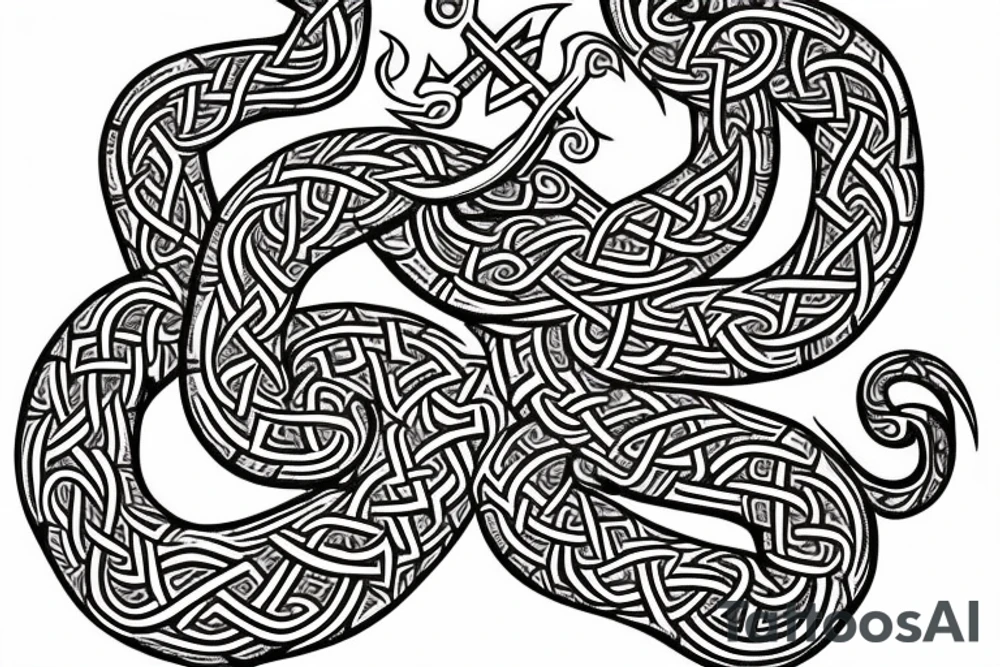 Stave Church in Urnes Archaic Viking style carving of sea serpent jormungandr made into an arm sleeve tattoo idea
