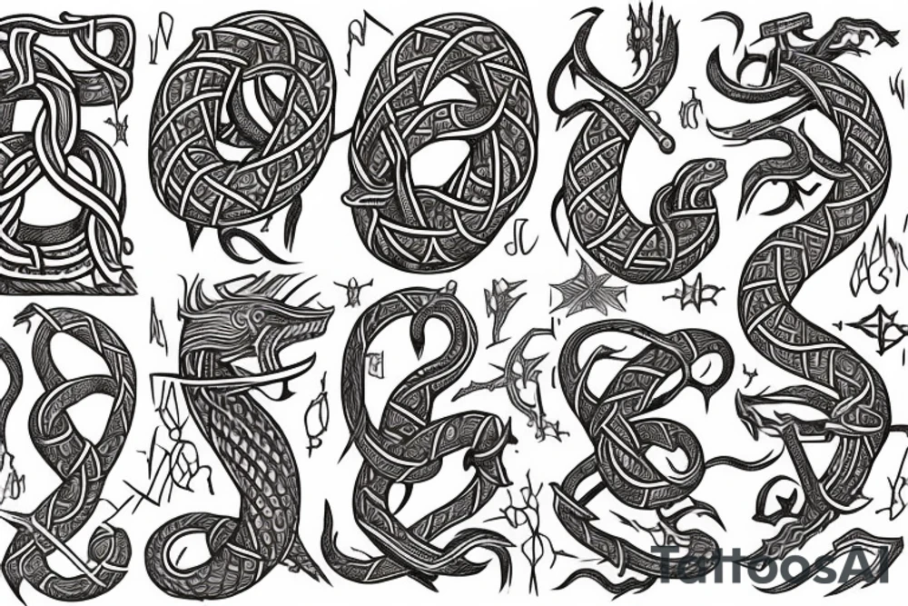 Stave Church in Urnes Archaic Viking style carving of sea serpent jormungandr made into an arm sleeve tattoo idea