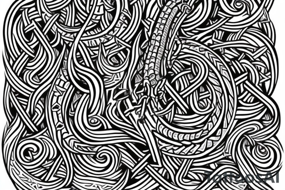 Stave Church in Urnes Archaic Viking style carving of sea serpent jormungandr made into an arm sleeve tattoo idea