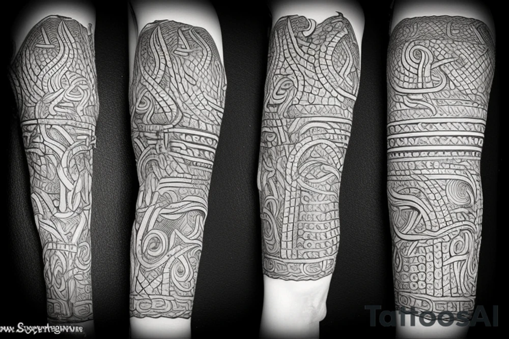 Stave Church in Urnes Archaic Viking style carving of sea serpent jormungandr made into an arm sleeve tattoo idea