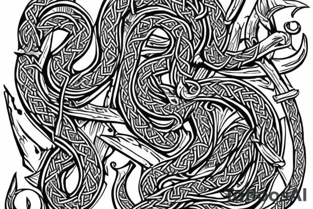 Stave Church in Urnes Archaic Viking style carving of sea serpent jormungandr made into an arm sleeve tattoo idea