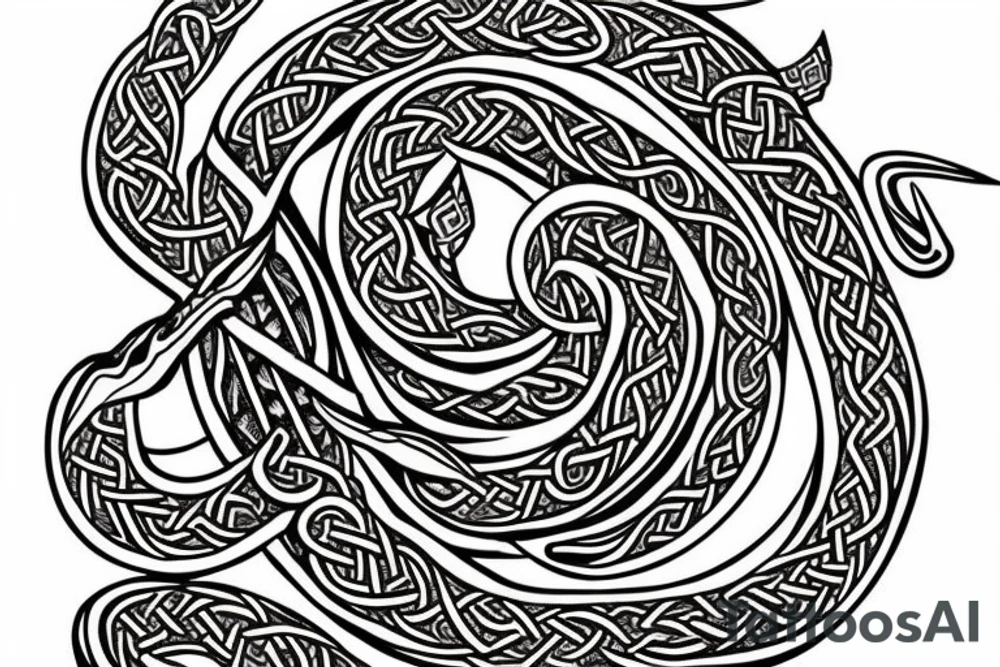 Stave Church in Urnes Archaic Viking style carving of sea serpent jormungandr made into an arm sleeve tattoo idea