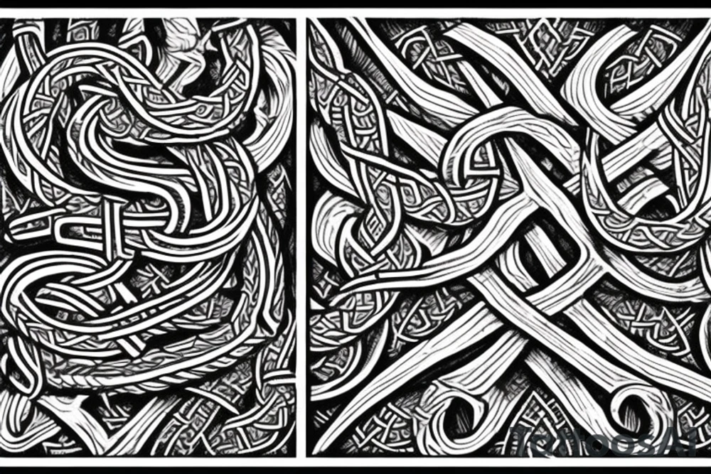 Stave Church in Urnes Archaic Viking style carving of sea serpent jormungandr made into an arm sleeve tattoo idea