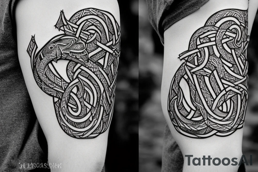 Stave Church in Urnes Archaic Viking style carving of sea serpent head jormungandr made into an arm sleeve tattoo idea