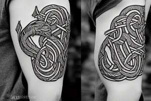Stave Church in Urnes Archaic Viking style carving of sea serpent head jormungandr made into an arm sleeve tattoo idea
