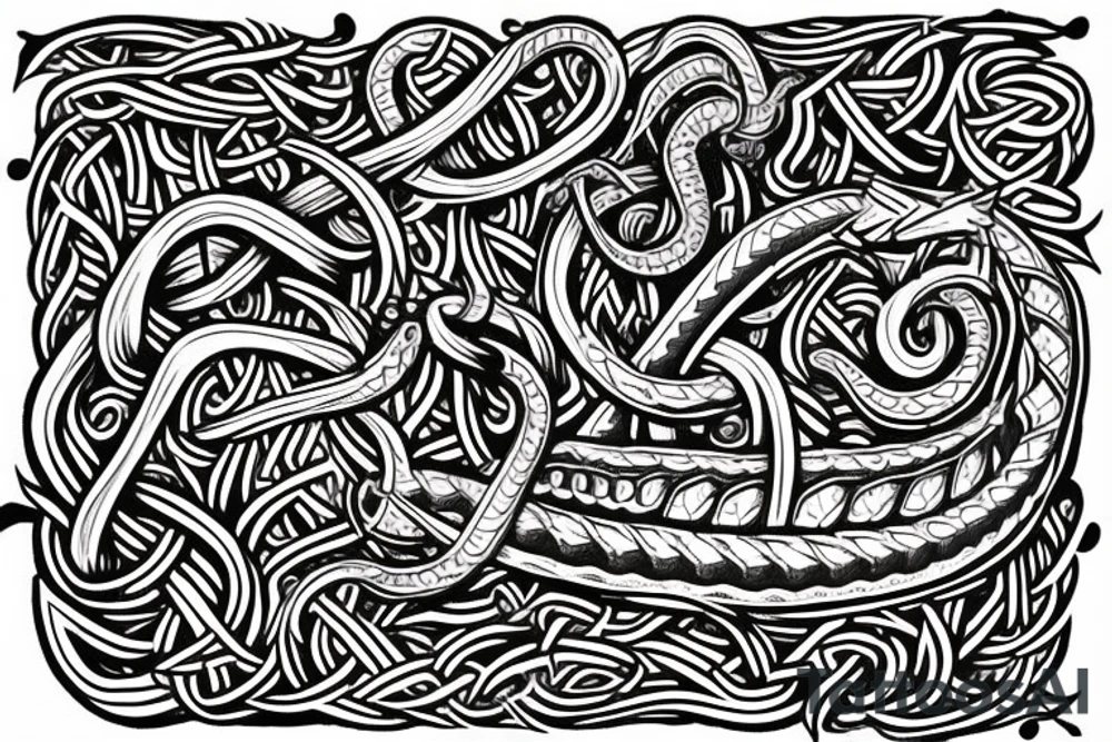 Stave Church in Urnes Archaic Viking style carving of sea serpent head jormungandr made into an arm sleeve tattoo idea