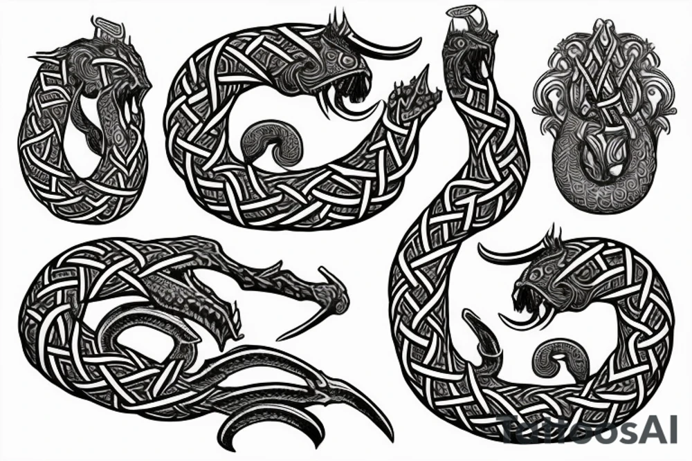 Stave Church in Urnes Archaic Viking style carving of sea serpent head jormungandr made into an arm sleeve tattoo idea