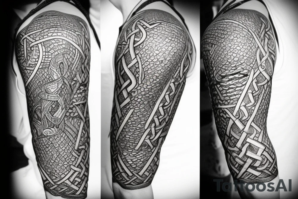 Stave Church in Urnes Archaic Viking style carving of sea serpent head jormungandr made into an arm sleeve tattoo idea