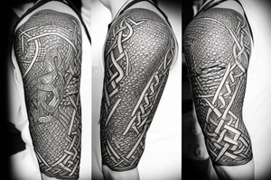 Stave Church in Urnes Archaic Viking style carving of sea serpent head jormungandr made into an arm sleeve tattoo idea