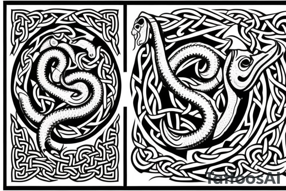 Stave Church in Urnes Archaic Viking style carving of sea serpent head jormungandr made into an arm sleeve tattoo idea