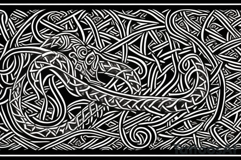 Stave Church in Urnes Archaic Viking style carving of sea serpent head jormungandr made into an arm sleeve tattoo idea