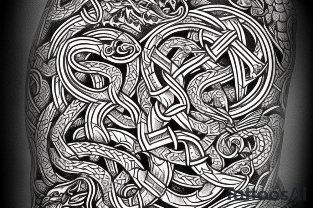 Stave Church in Urnes Archaic Viking style carving of sea serpent head jormungandr made into an arm sleeve tattoo idea