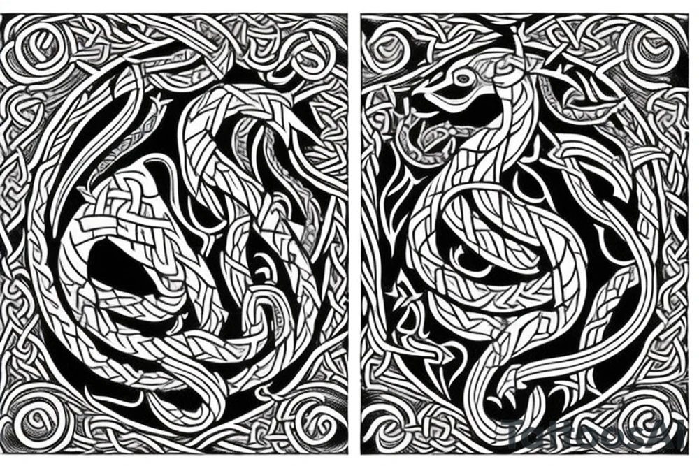 Stave Church in Urnes Archaic Viking style carving of sea serpent head jormungandr made into an arm sleeve tattoo idea