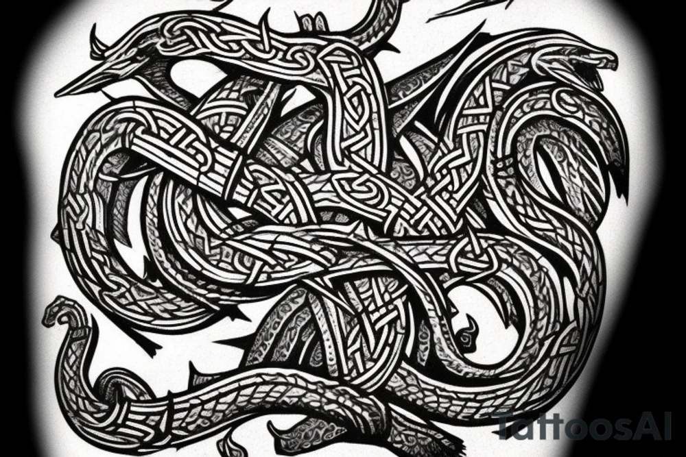Stave Church in Urnes Archaic Viking style carving of sea serpent head jormungandr made into an arm sleeve tattoo idea