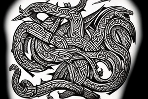 Stave Church in Urnes Archaic Viking style carving of sea serpent head jormungandr made into an arm sleeve tattoo idea