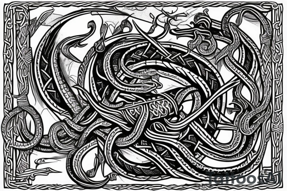 Stave Church in Urnes Archaic Viking style carving of sea serpent head jormungandr made into an arm sleeve tattoo idea