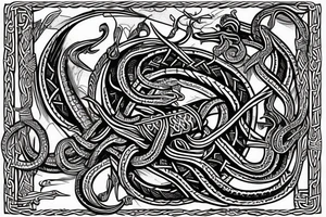 Stave Church in Urnes Archaic Viking style carving of sea serpent head jormungandr made into an arm sleeve tattoo idea