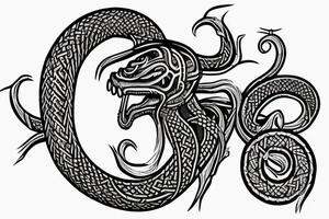 Stave Church in Urnes Archaic Viking style carving of sea serpent head jormungandr made into an arm sleeve tattoo idea