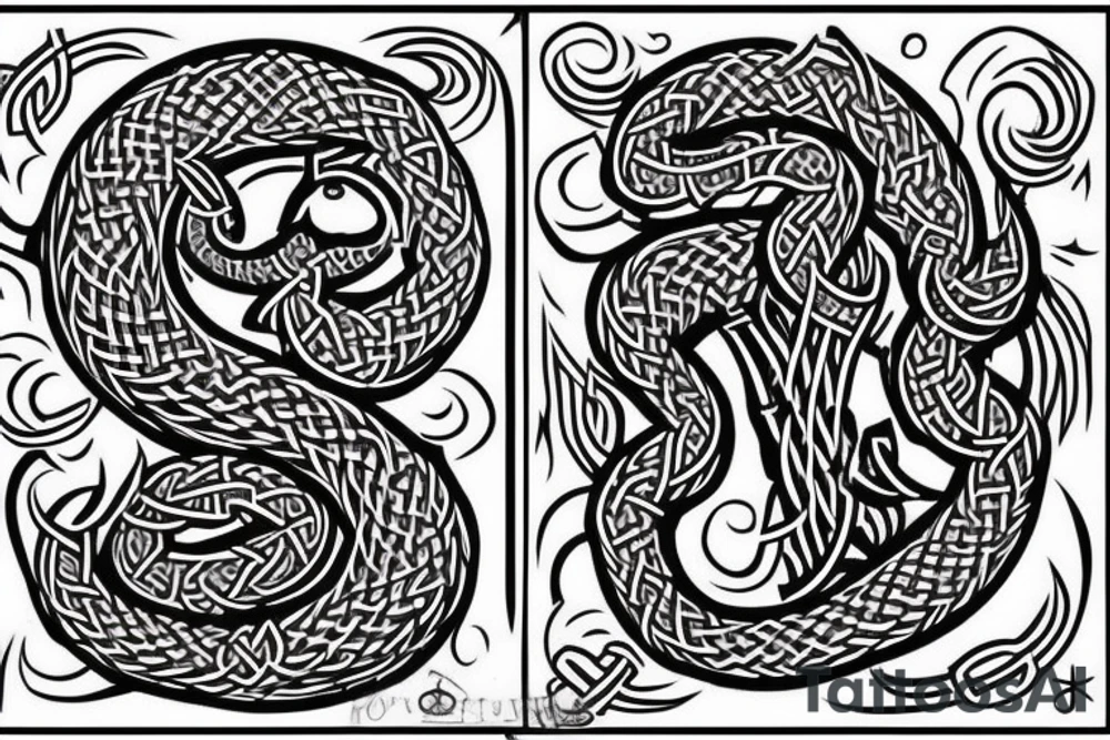 Stave Church in Urnes Archaic Viking style carving of sea serpent head jormungandr made into an arm sleeve tattoo idea