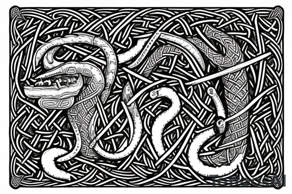 Stave Church in Urnes Archaic Viking style carving of sea serpent head jormungandr made into an arm sleeve tattoo idea